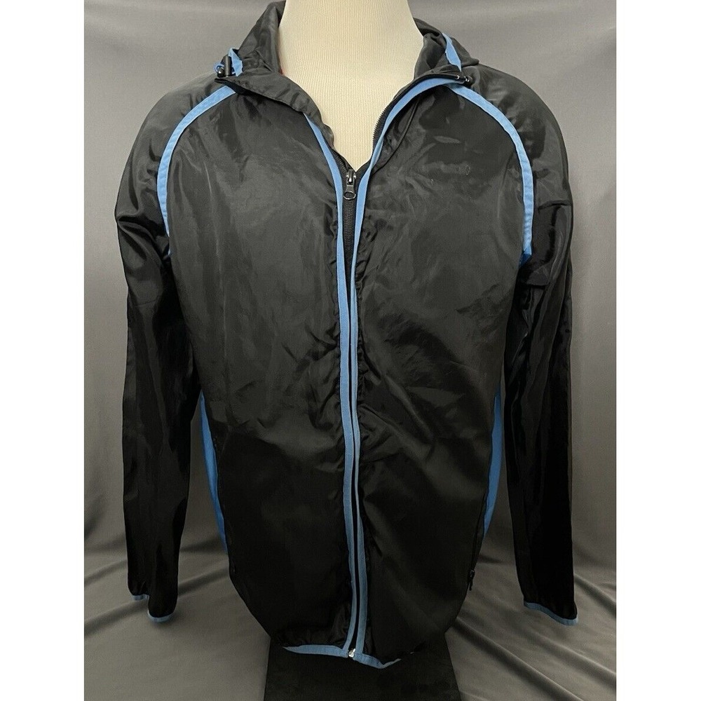 DC Windbreaker Hooded Jacket Mens Size Large Black Blue Full Zip Lightweight